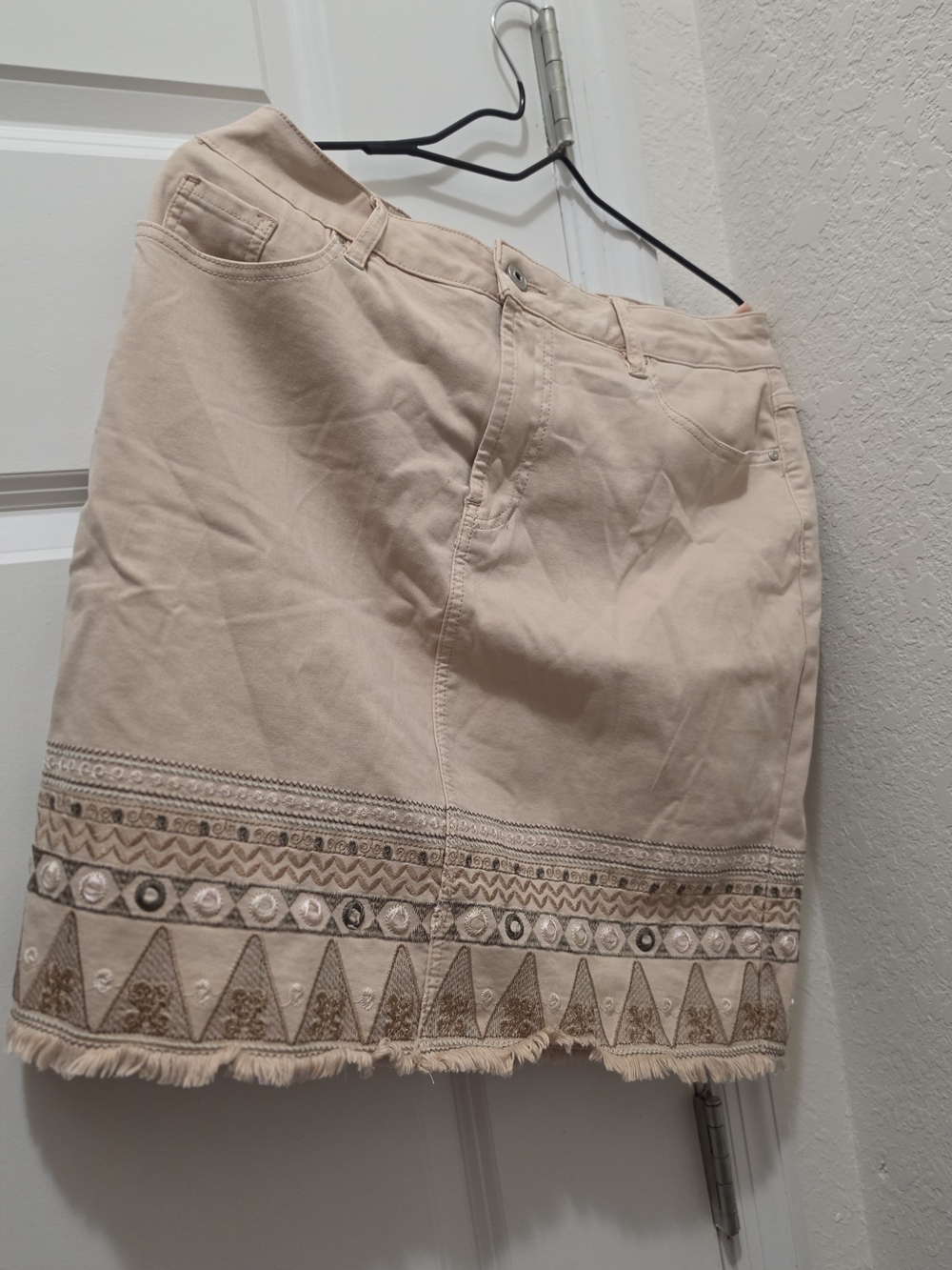 Beige Embroidered Fringe Hem Skirt